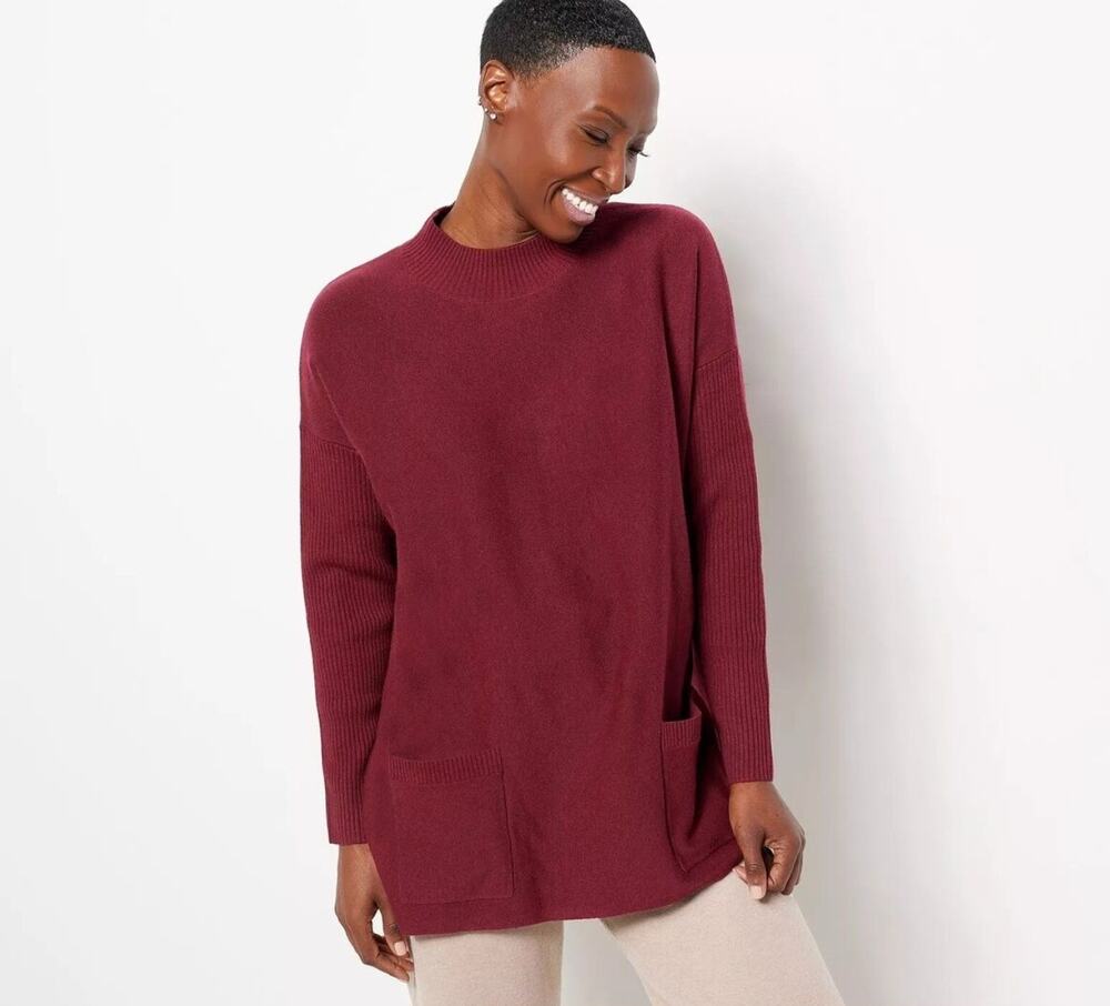 Modern Soul Mock Neck Tunic Sweater Oversized XS S Red Burgundy Pockets